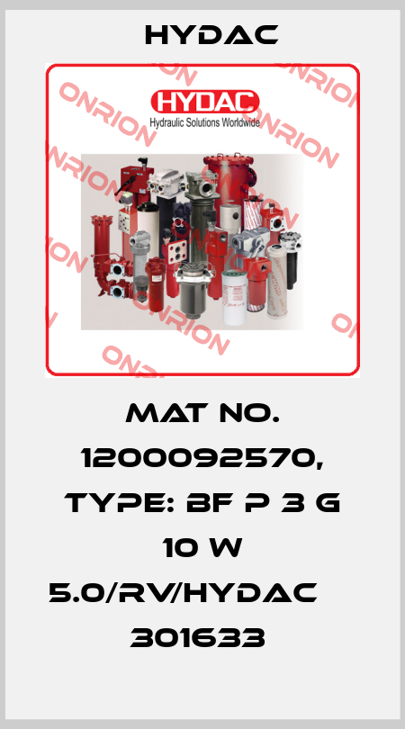 Mat No. 1200092570, Type: BF P 3 G 10 W 5.0/RV/HYDAC          301633  Hydac