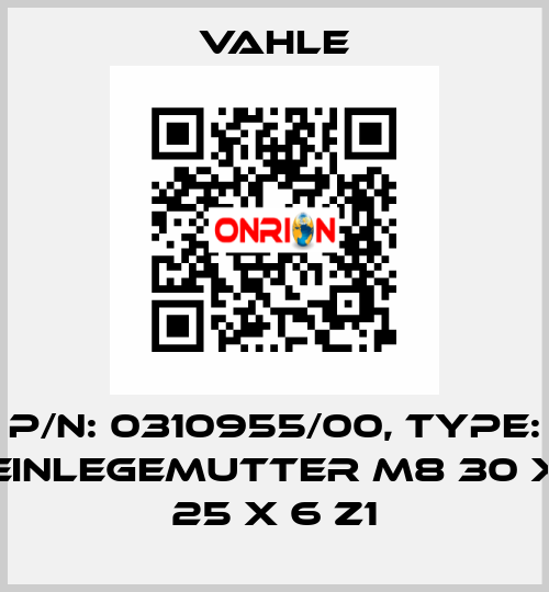 P/n: 0310955/00, Type: Einlegemutter M8 30 x 25 x 6 Z1 Vahle